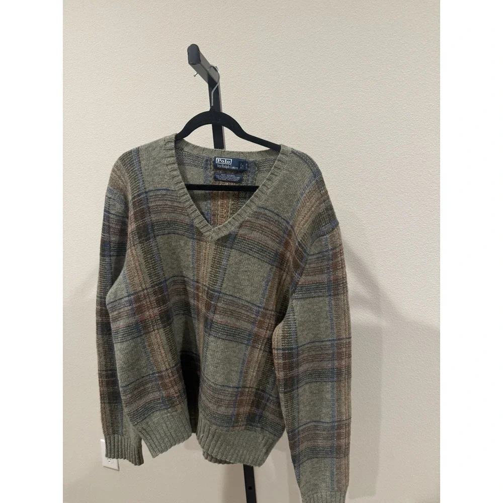 Polo Ralph Lauren Vintage 80's Sweater SZ XL Green Wool Alpaca Plaid CabinCore